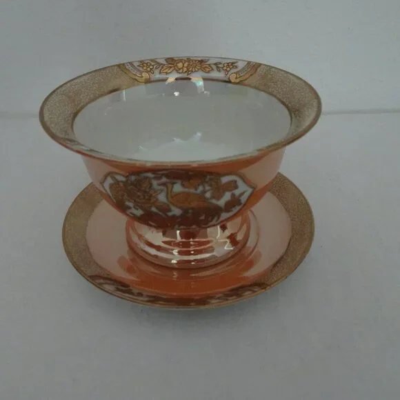 Noritake Orange Lusterware Mayo Condiment Footed Bowl Underplate Peasant Bird - Picture 10 of 11